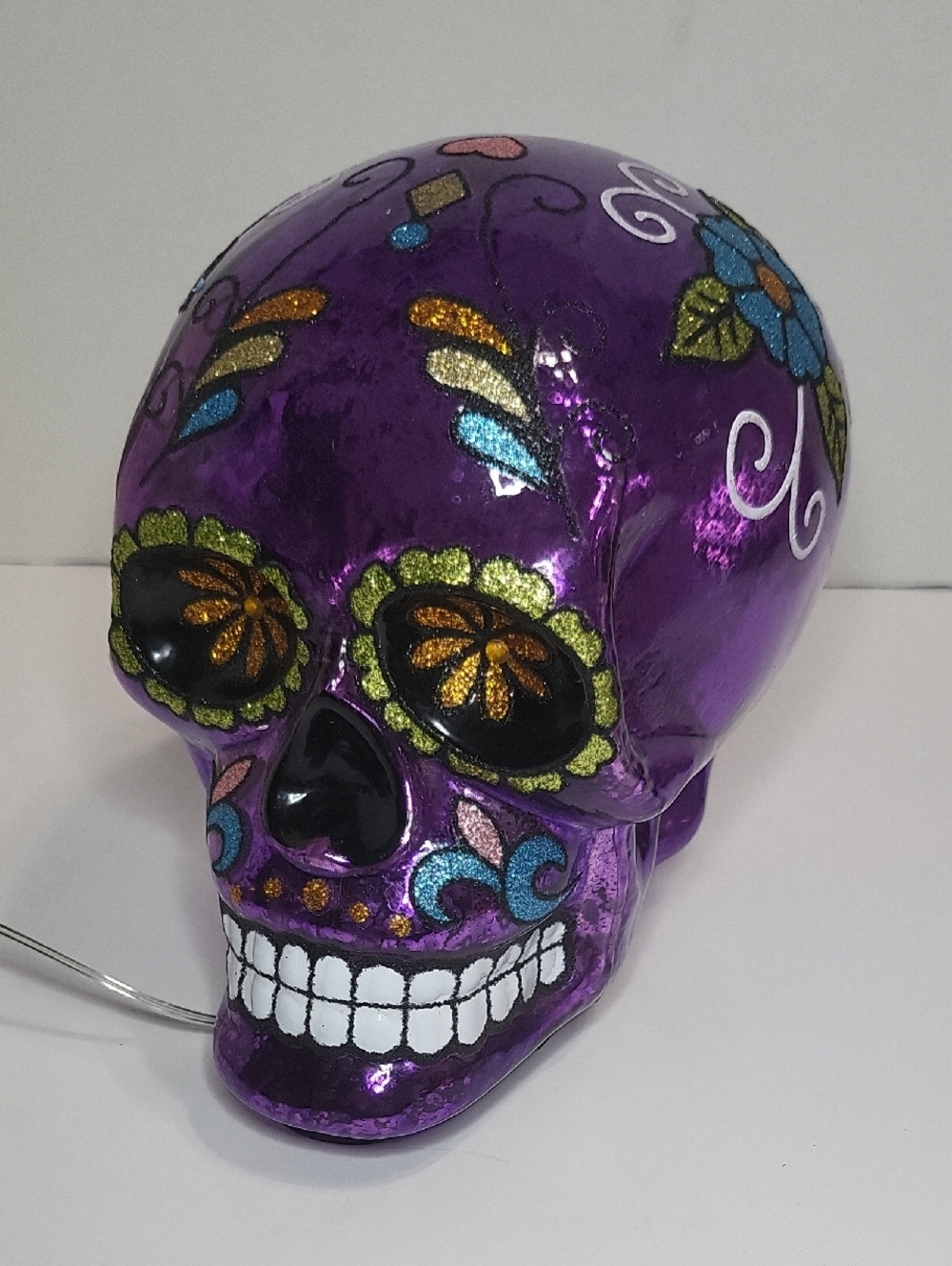 Purple Decorative Day of the Dead Sugar Glass Lit Skull